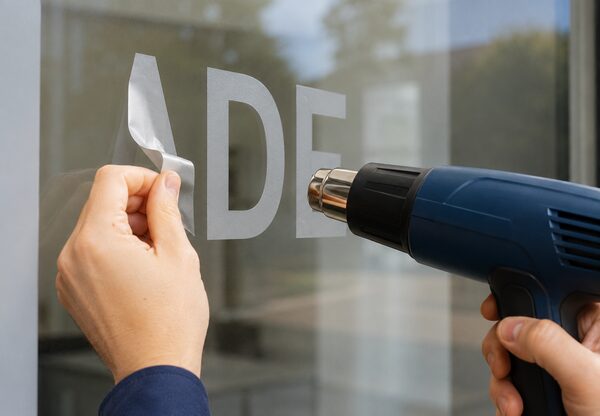 Klebebuchstaben mit Wärme von Glas entfernen