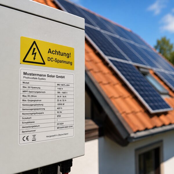 DC-Warnhinweis-Aufkleber an Photovoltaikanlage - Energie- und Solar-Etiketten von Typographus
