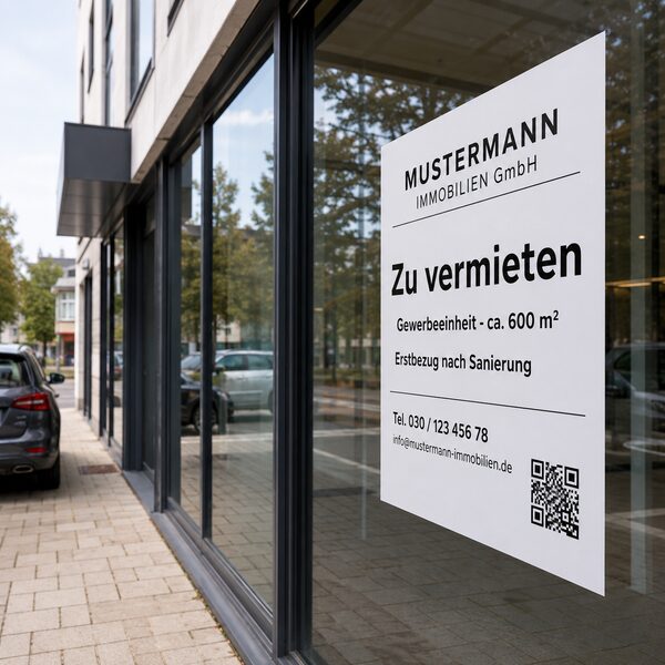 Vermietungsaufkleber Mustermann Immobilien GmbH an Gewerbeobjekt - Immobilienaufkleber von Typographus