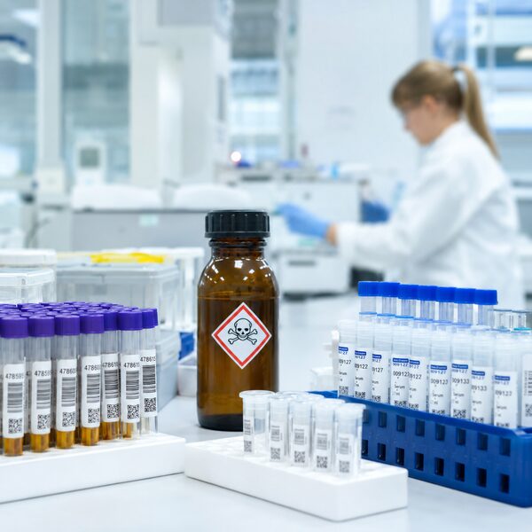 Laboretiketten mit Barcodes und GHS-Gefahrstoffaufkleber - Medizin- und Pharma-Etiketten von Typographus