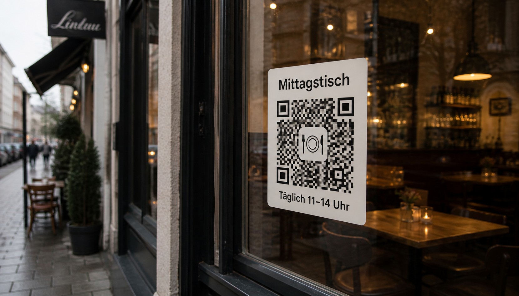 Transparenter QR-Aufkleber am Restaurantfenster