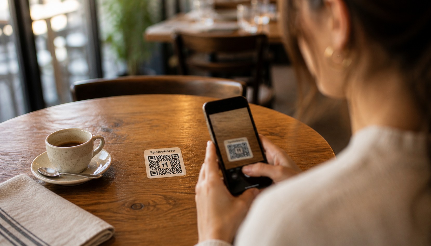 QR-Code Aufkleber auf Restaurant-Tisch